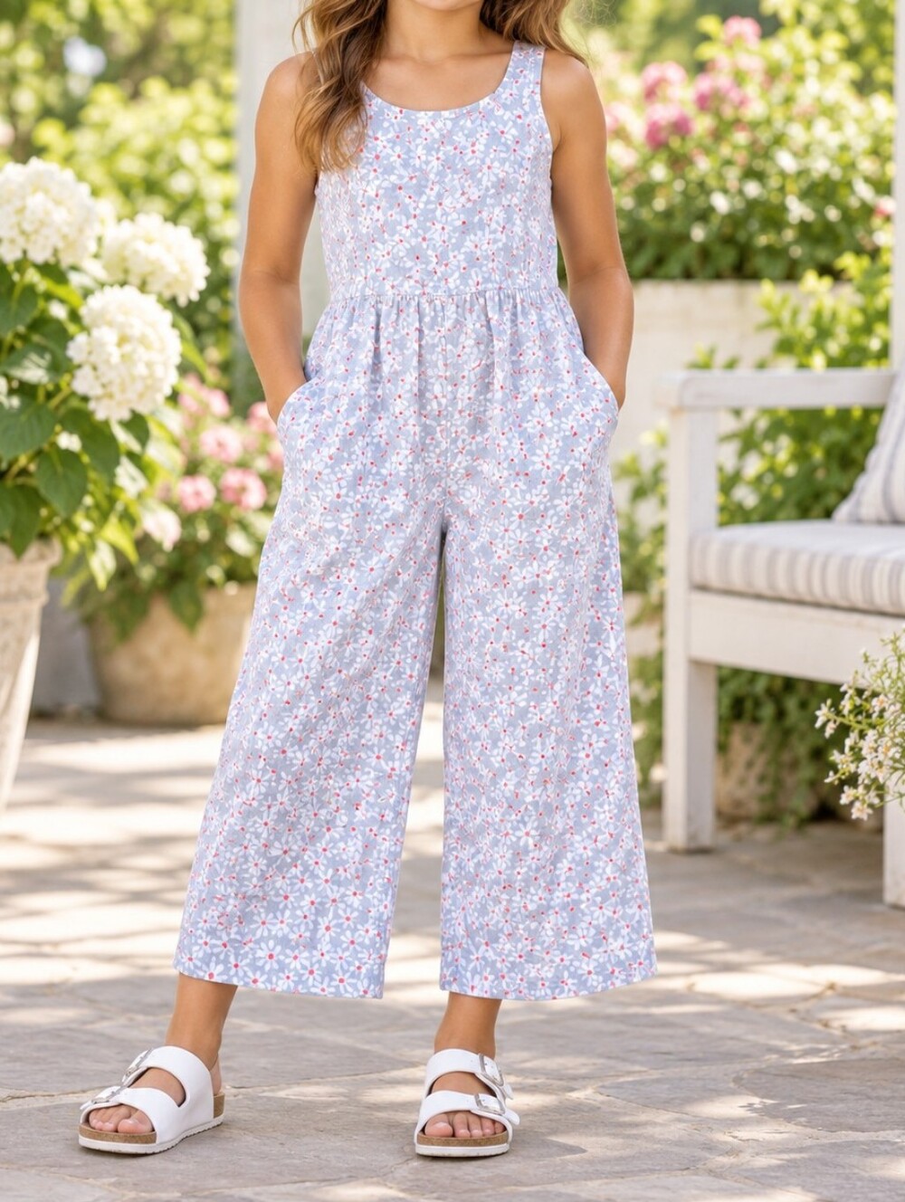 Gray Pink Floral Wide Leg Jumpsuit XL 10/12 Cottagecore Pockets Coquette